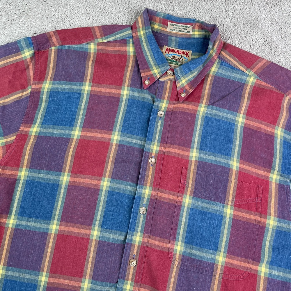 Vintage Adirondack Shirt Mens Large Red Blue Plaid Surf Wash Chambray Cotton